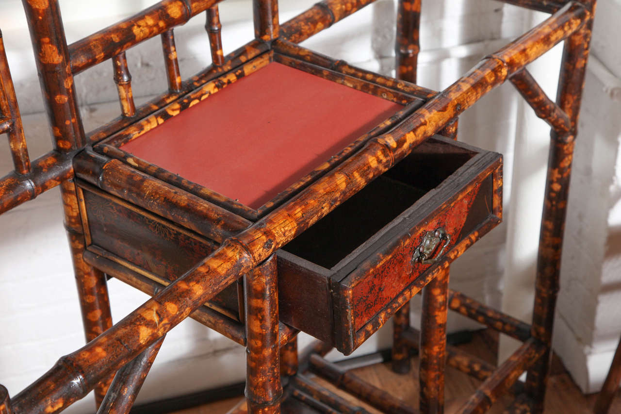 A Bamboo Hall Tree with Chinoiserie Panels and Inset Leather Top and Drawer In Excellent Condition In New York, NY