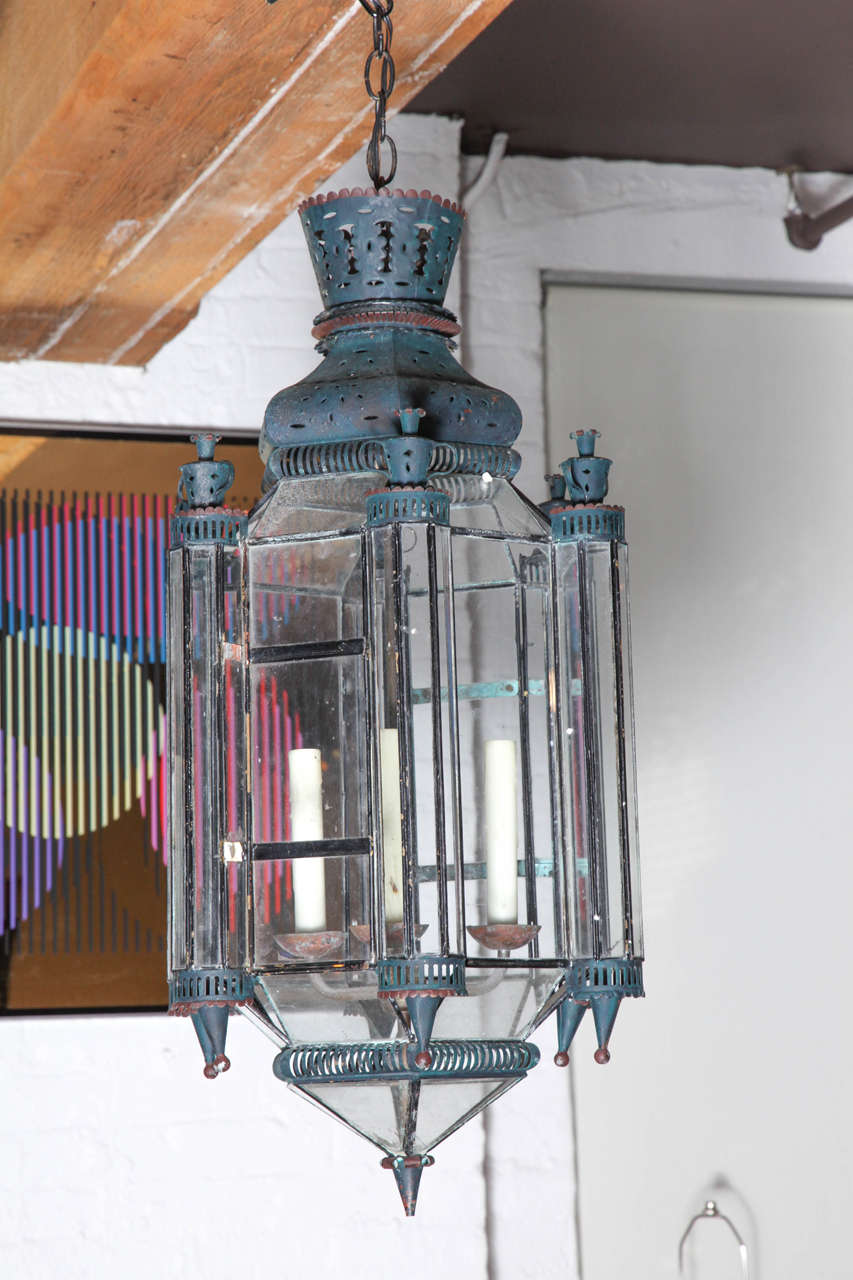 An Early 20th Century Moroccan Tole and Glass Lantern In Excellent Condition In New York, NY