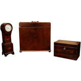 English, mahogany tea caddy, document box, miniature clock