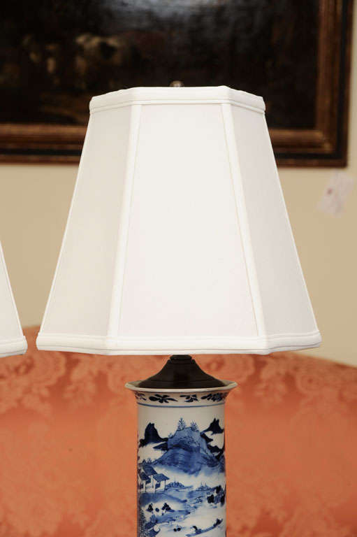 Pair Chinese export blue and white lamps