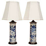 Antique Pair Chinese export blue and white lamps