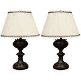 Pair of French painted oil lamps