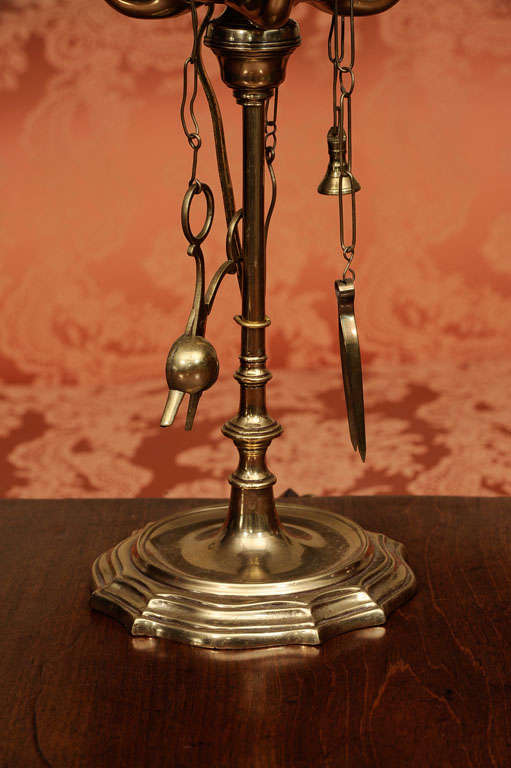 French, Brass oil lamp with tools, electrified