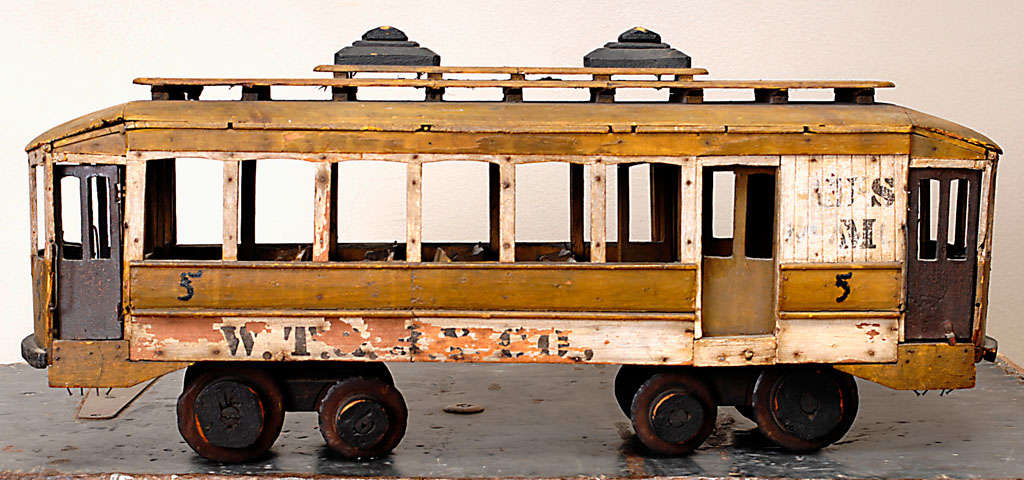 Wood 1920's Folk Art Miniature Trolley Car For Sale