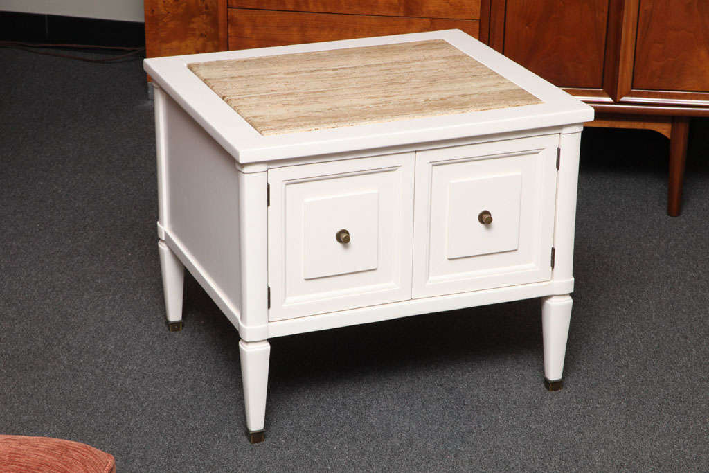 Reduced from $2500.  Chic and sophisticated, this pair of end tables or bedside tables have a wonderful fat rounded edge neoclassical styling, finished on all sides and are lacquered in a soft white chocolate all complimented by beautiful thick