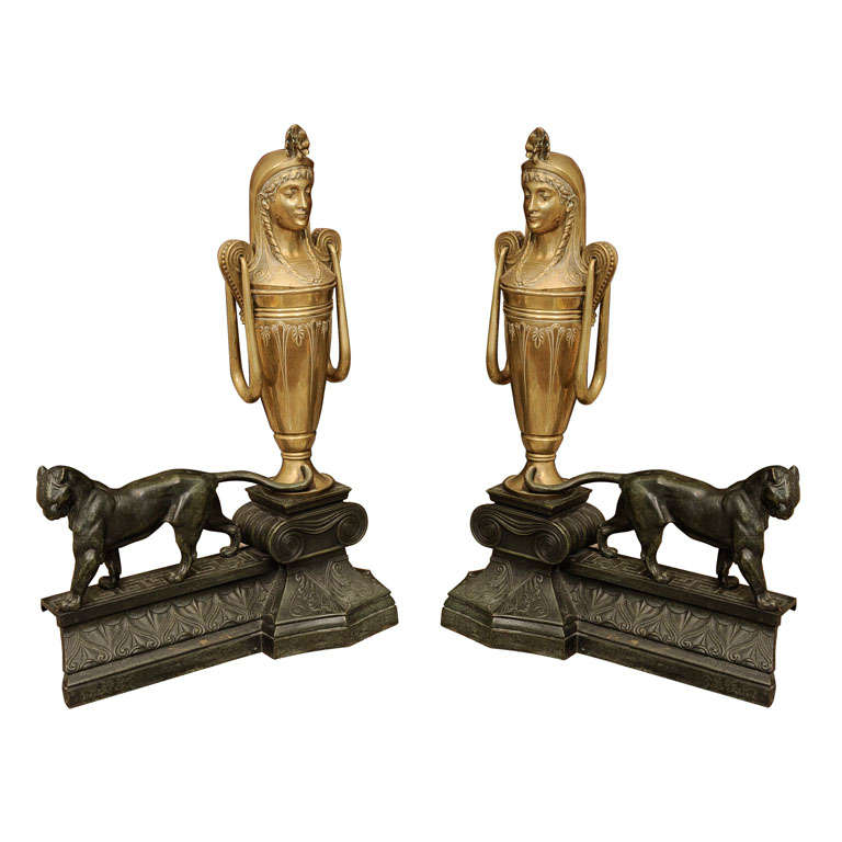 A Pair of Neoclassical Bronze Andirons For Sale