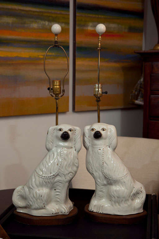 Pair of brilliant white spaniel dogs on wood bases updated to table lamps.