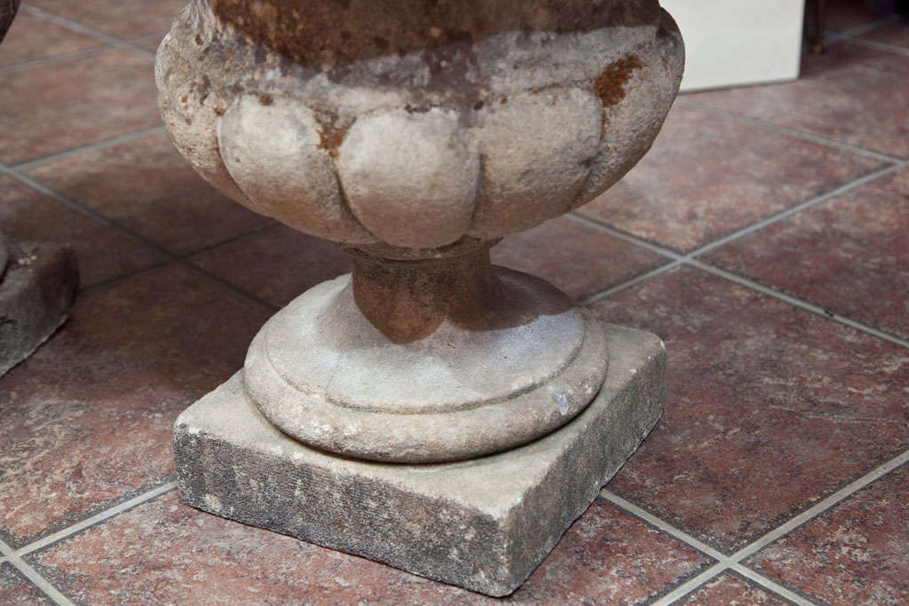 Cement Pair of Carved Stone Urns For Sale