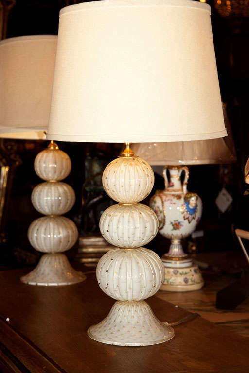Italian Pair of Murano Glass Lamps White Spheres & Gold