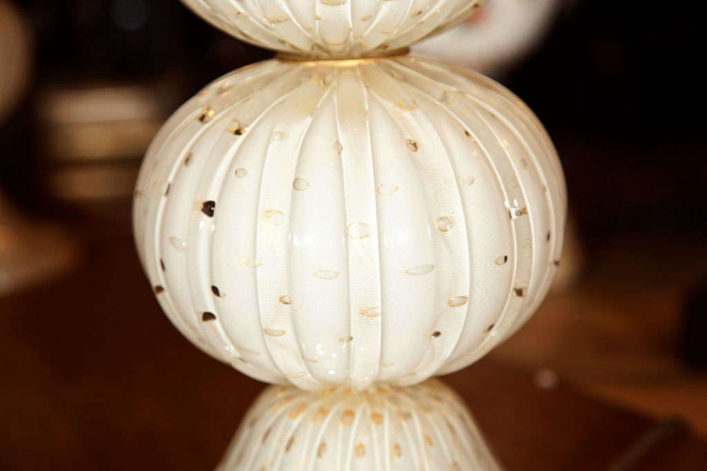 Pair of Murano Glass Lamps White Spheres & Gold 1
