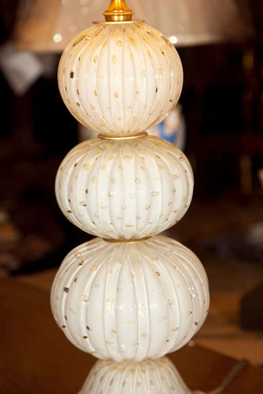 Pair of Murano Glass Lamps White Spheres & Gold 2