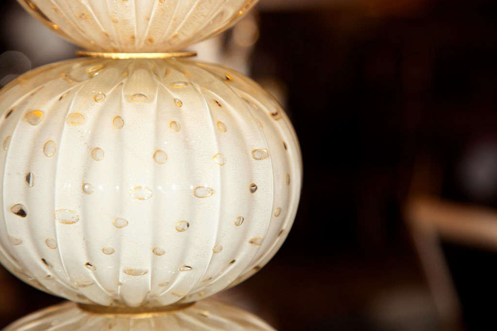 Pair of Murano Glass Lamps White Spheres & Gold 3