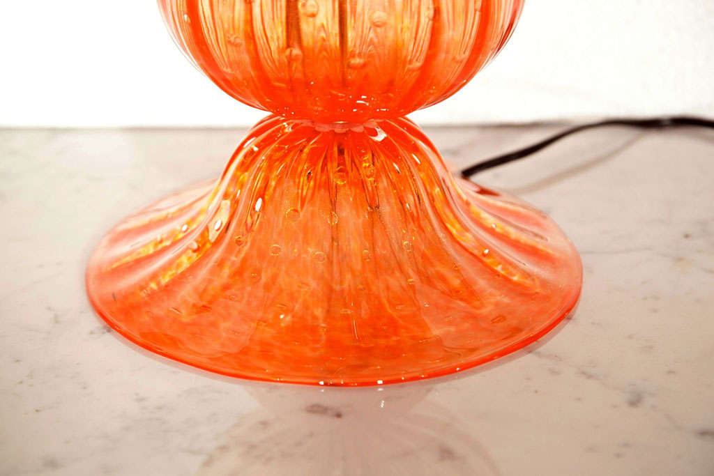 Italian Pair of Murano Glass Lamps in Coral Orange & Gold