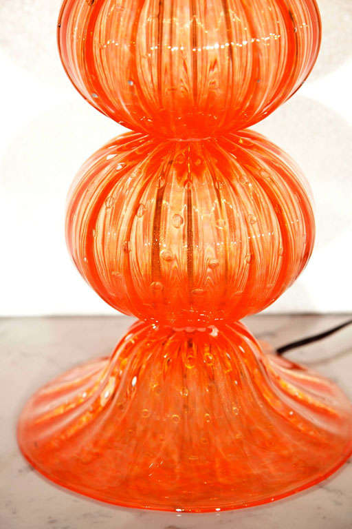 20th Century Pair of Murano Glass Lamps in Coral Orange & Gold