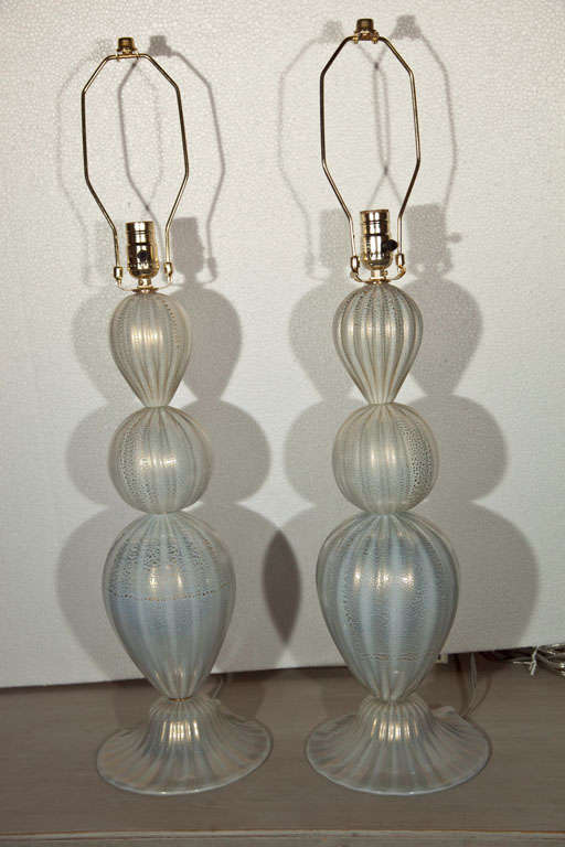 Pair of Murano Glass Lamps Baby Blue & Gold