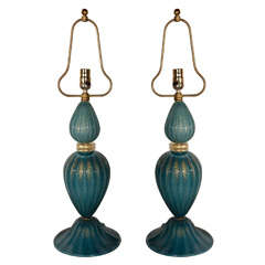 Pair of Murano Glass Lamps Turquoise & Gold