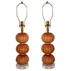 Pair of Murano Glass Lamps Copper & Gold