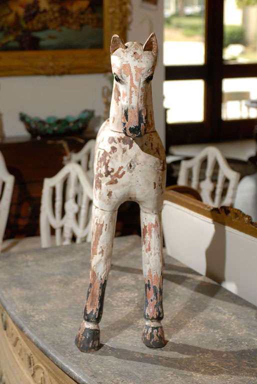 English 19th Century Painted Wooden Horse Sculpture with Distressed Finish In Good Condition In Atlanta, GA
