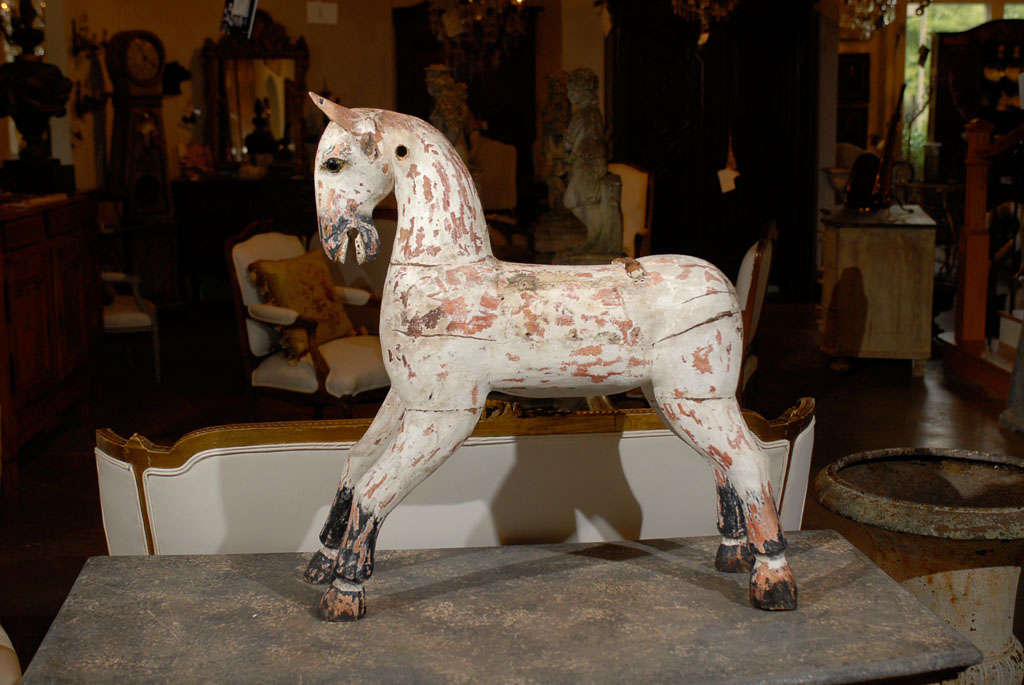 English 19th Century Painted Wooden Horse Sculpture with Distressed Finish 1