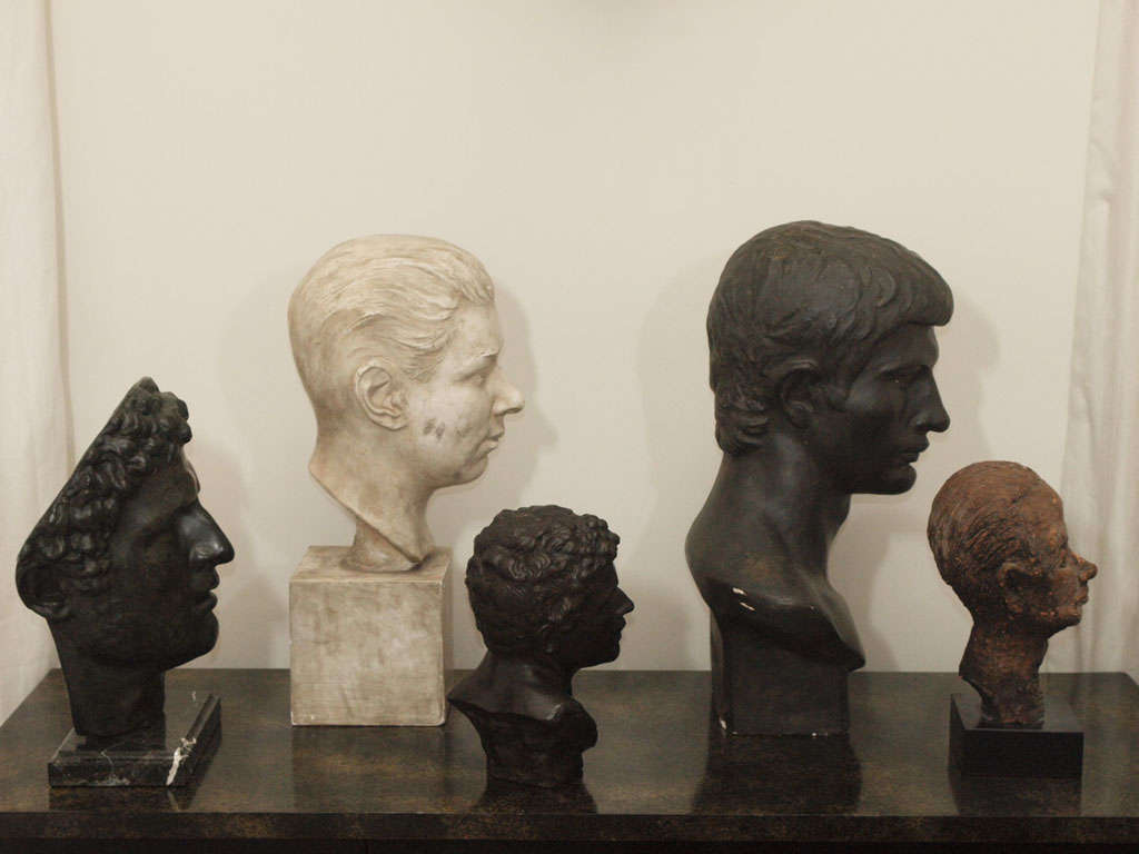 from left:

Bronze Bust on Marble Plinth: 9.5 x 7.5 x 15h; marked with  illegible stamp and the word 