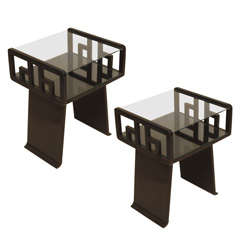 Pair Asian-inspired End Tables in Ebonized Wood