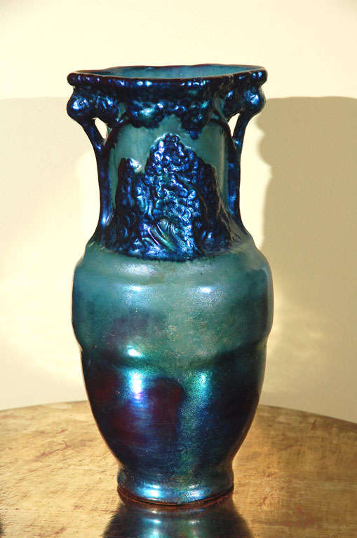 Rare, turn of the century, blue/green eozine glazed ceramic vase by Zsolnay factory