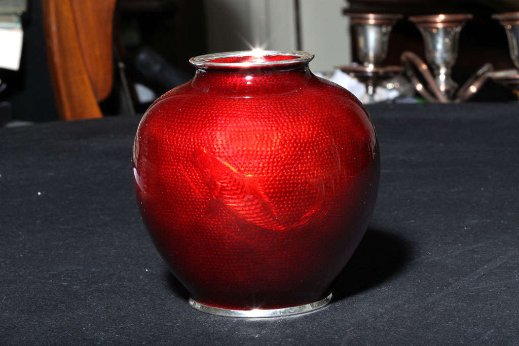 Japanese Sterling Silver-Mounted Red Enamel Vase
