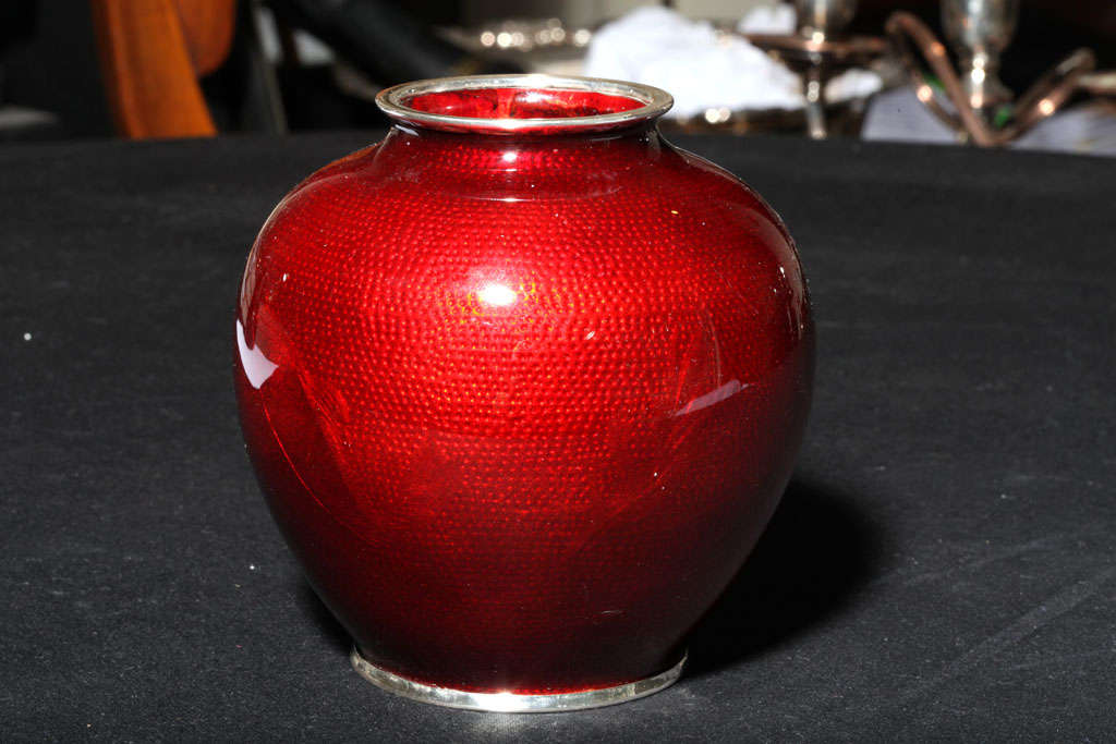 Mid-20th Century Sterling Silver-Mounted Red Enamel Vase