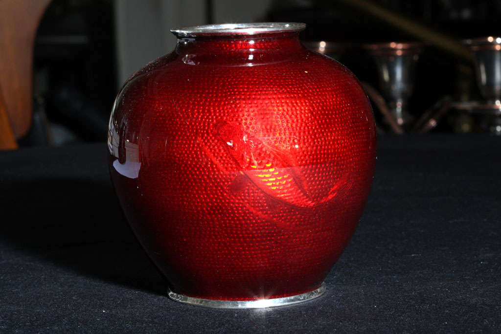 Sterling silver-mounted, deep red enamel vase, Japan, Ca. 1920's-1930's. Decorated with swimming fish and leaves. @5 1/8