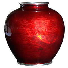 Sterling Silver-Mounted Red Enamel Vase