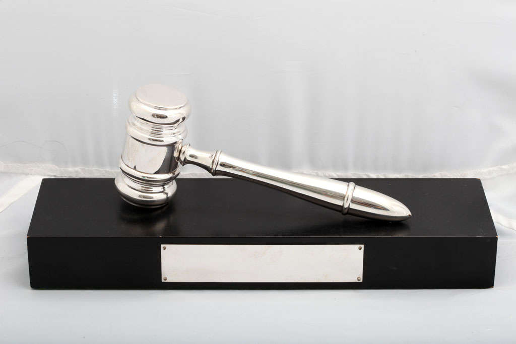 Sterling silver gavel mounted on a wooden base, New York, Ca. 1930's-1940's, Currier & Roby - makers. Base has a sterling silver unengraved plaque. Gavel itself is @9