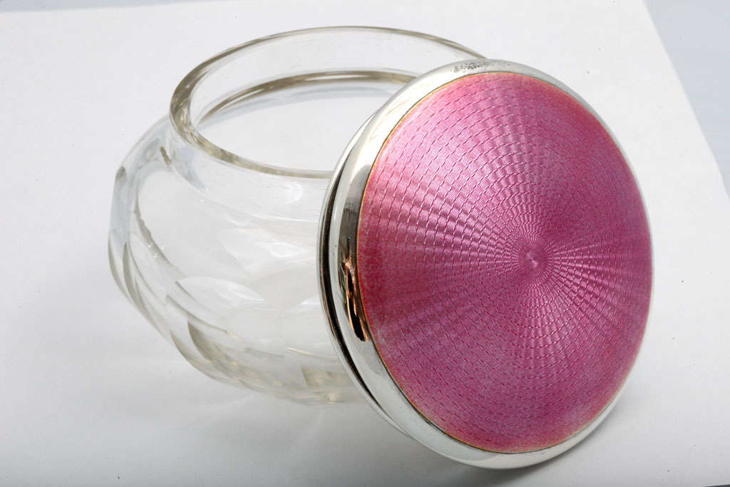 English Sterling Silver , Deep Pink Enamel And Crystal Powder Jar