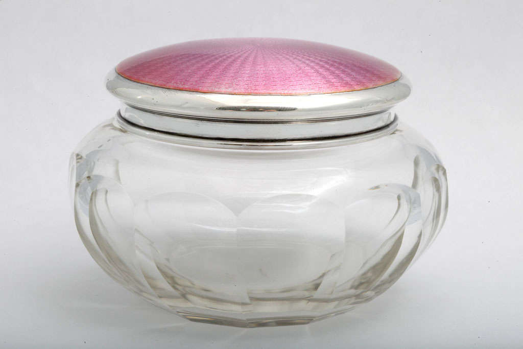 20th Century Sterling Silver , Deep Pink Enamel And Crystal Powder Jar