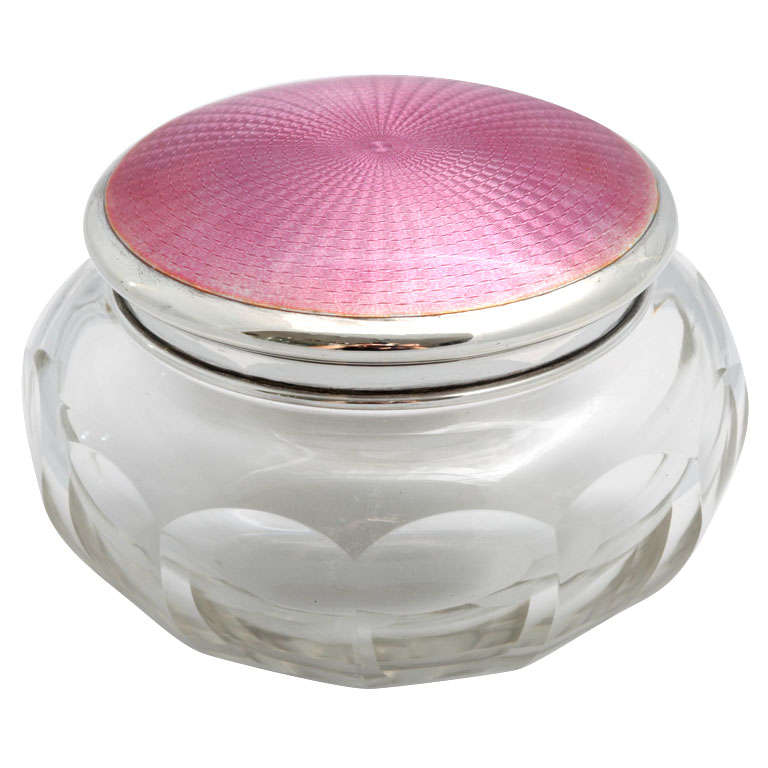 Sterling Silver , Deep Pink Enamel And Crystal Powder Jar