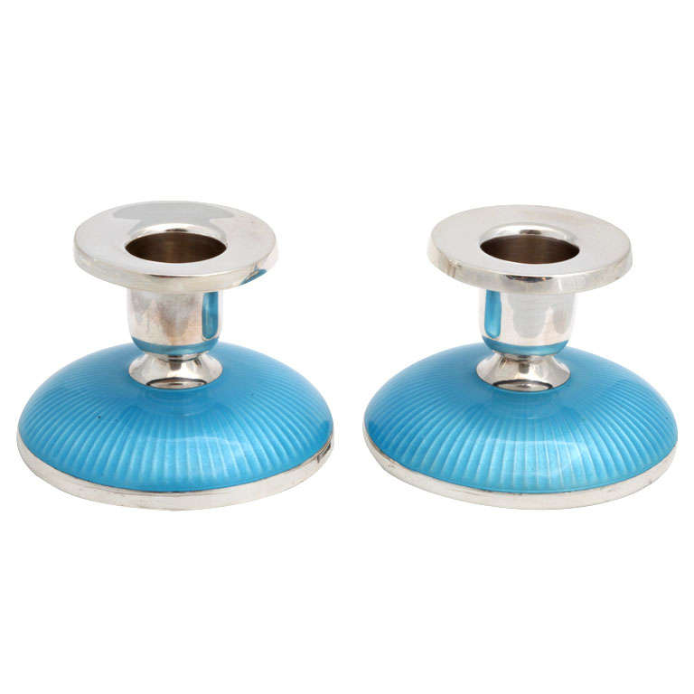 Pair of Sterling Silver and Blue Enamel candlesticks