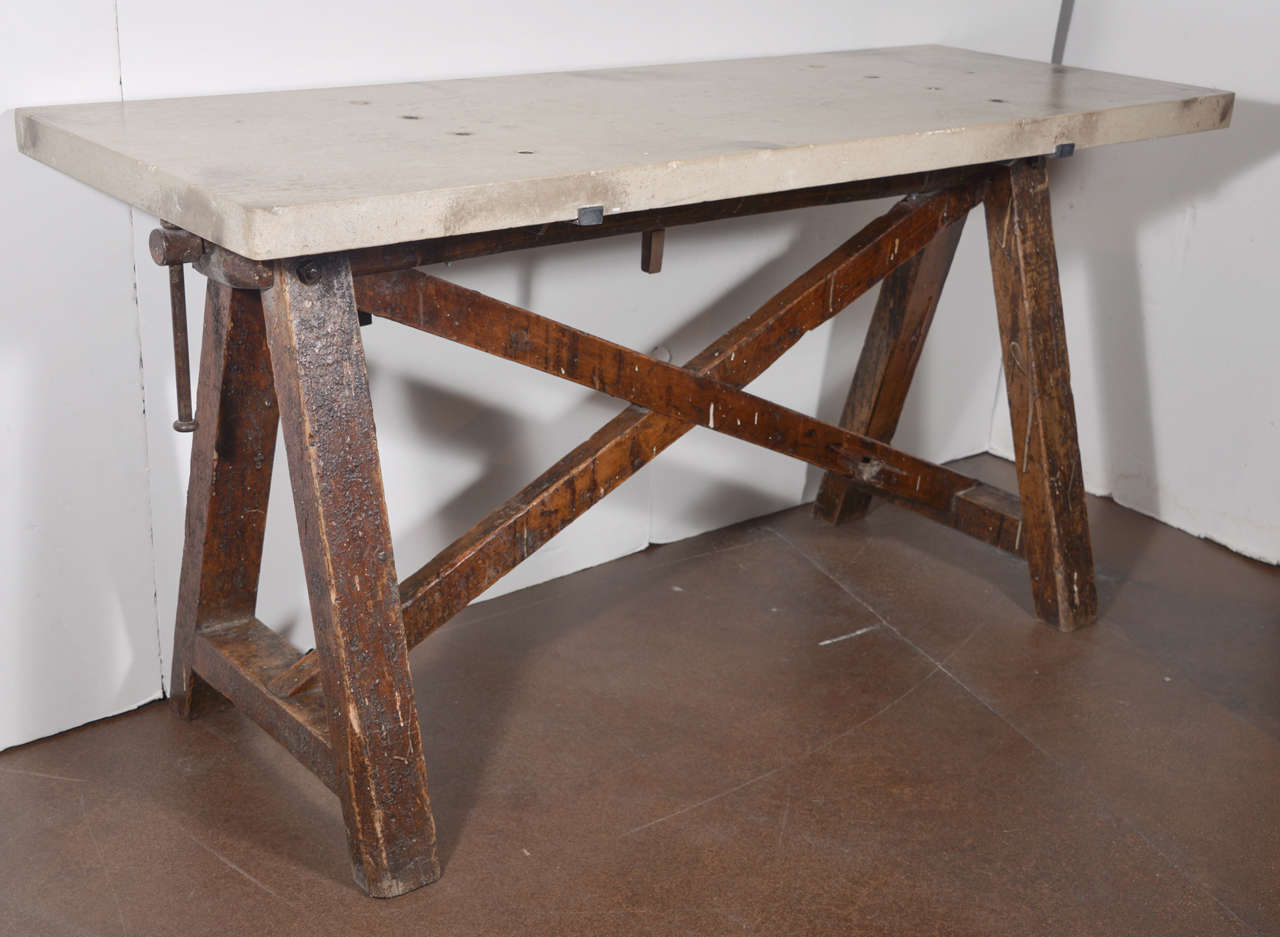 Antique French Tradesman's Saw Horse Shop Table with Limestone Top