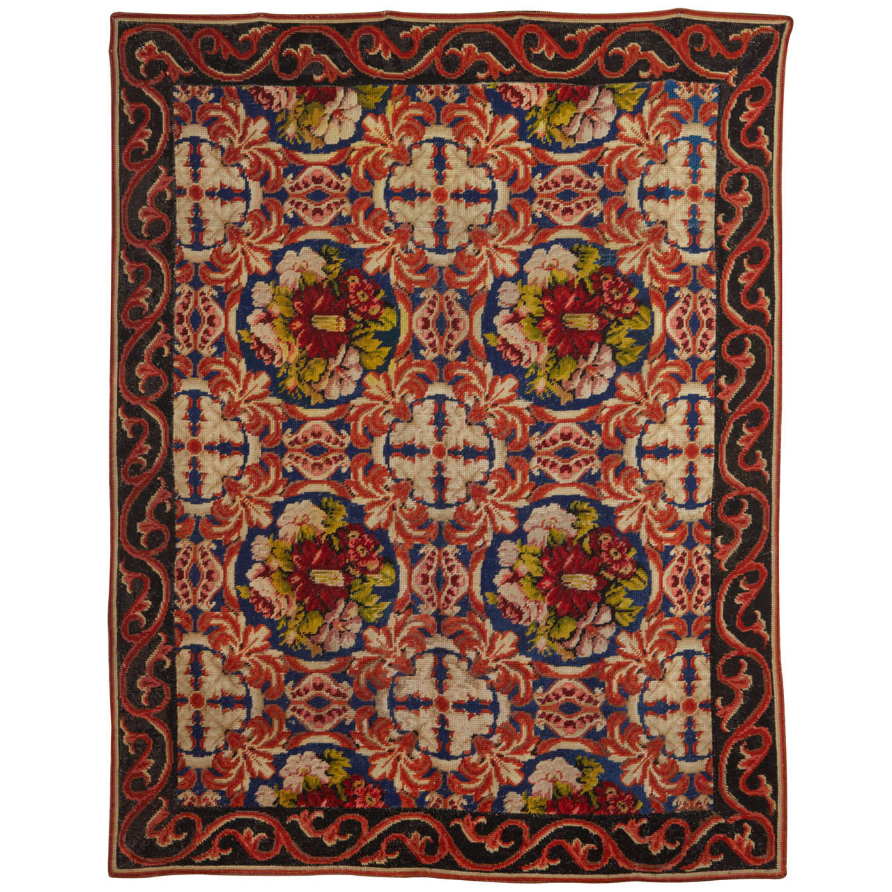 Antigua alfombra victoriana inglesa de punto de aguja, hacia 1860