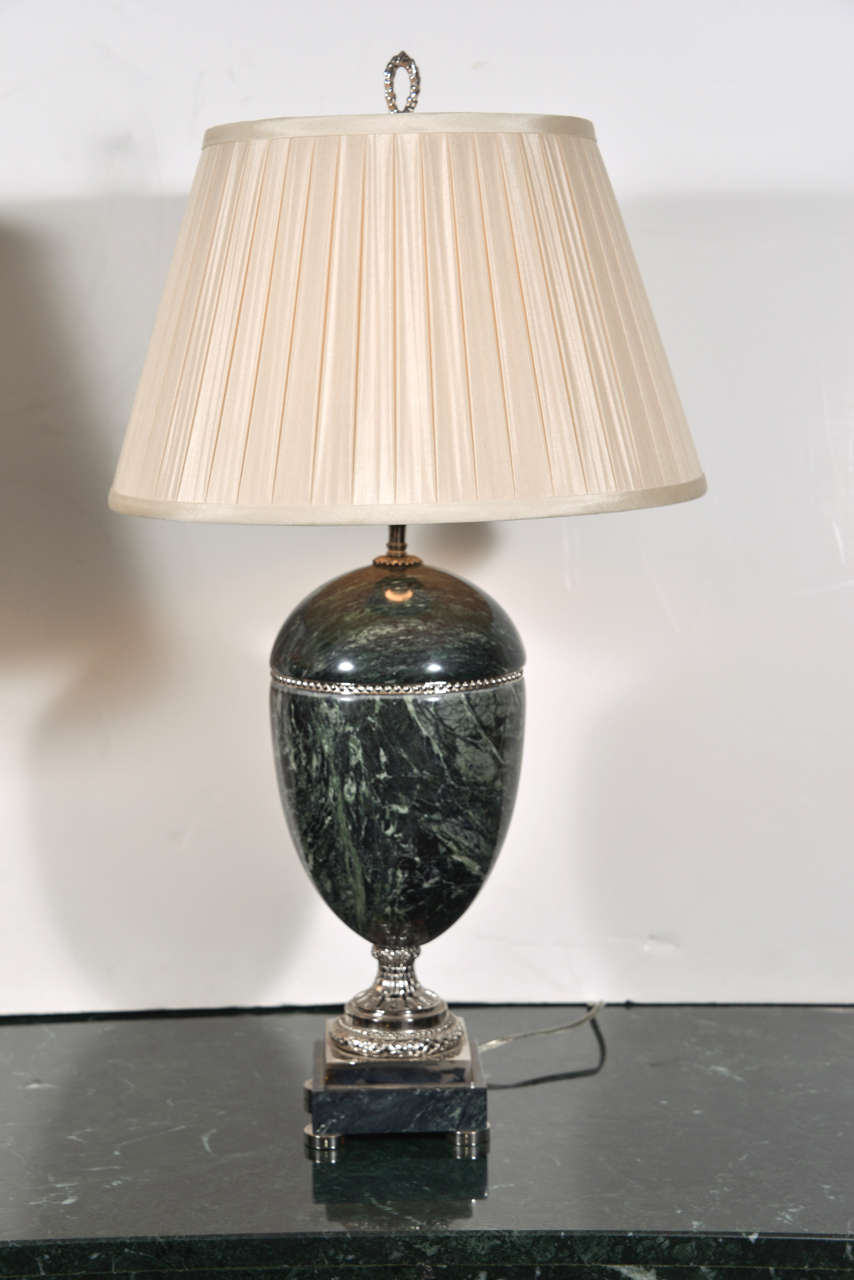 1920's Continental large marble and silver bronze urn lamps with custom silk pleated shades