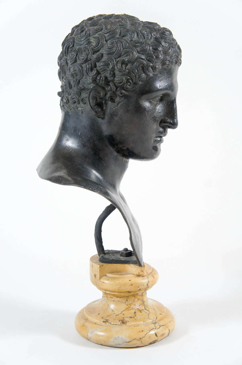 Exceptional bronze portrait bust of Hermes / Mercury on original Siena marble socle base attributed to the Chiurazzi Foundry, Naples.