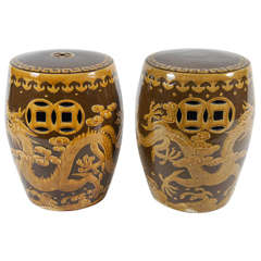 Near Pair of Vintage Chinese Pottery Dragon Motif Garden Seats or Stools