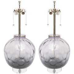 Pair of Chrome, Lucite and Purple Colored Lamps