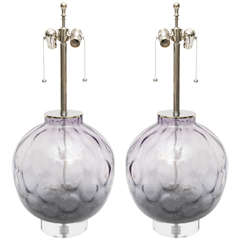 Large Scale Pair of Chrome, Lucite and Purple-Violet Colored Murano Glass Lamps 9