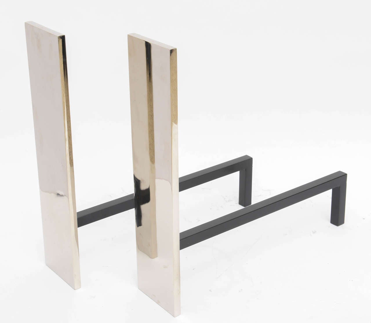 Modern Pair of Polished Chrome and Wrought Iron Flat-Bar Andirons by Alexander Millen
