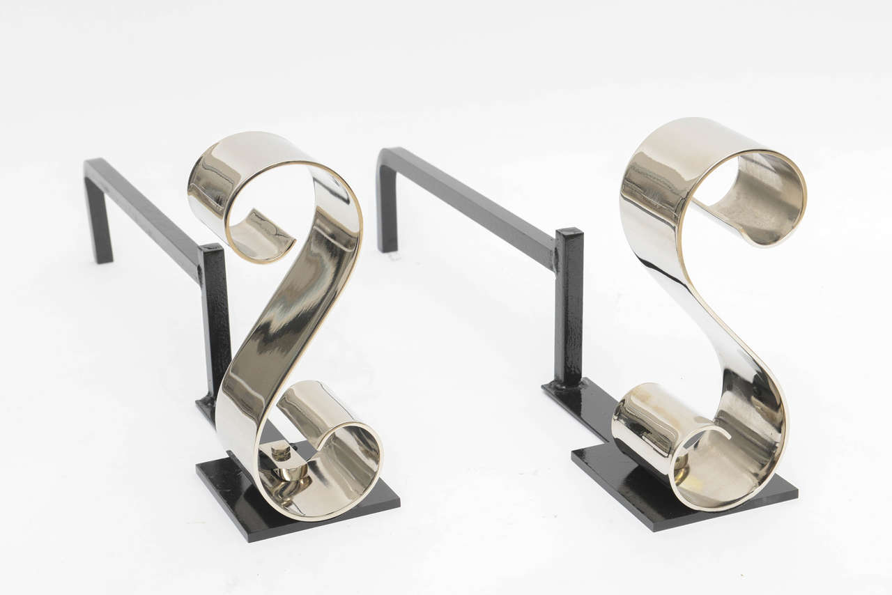 Pair of Nickel Plated "S" Form Andirons