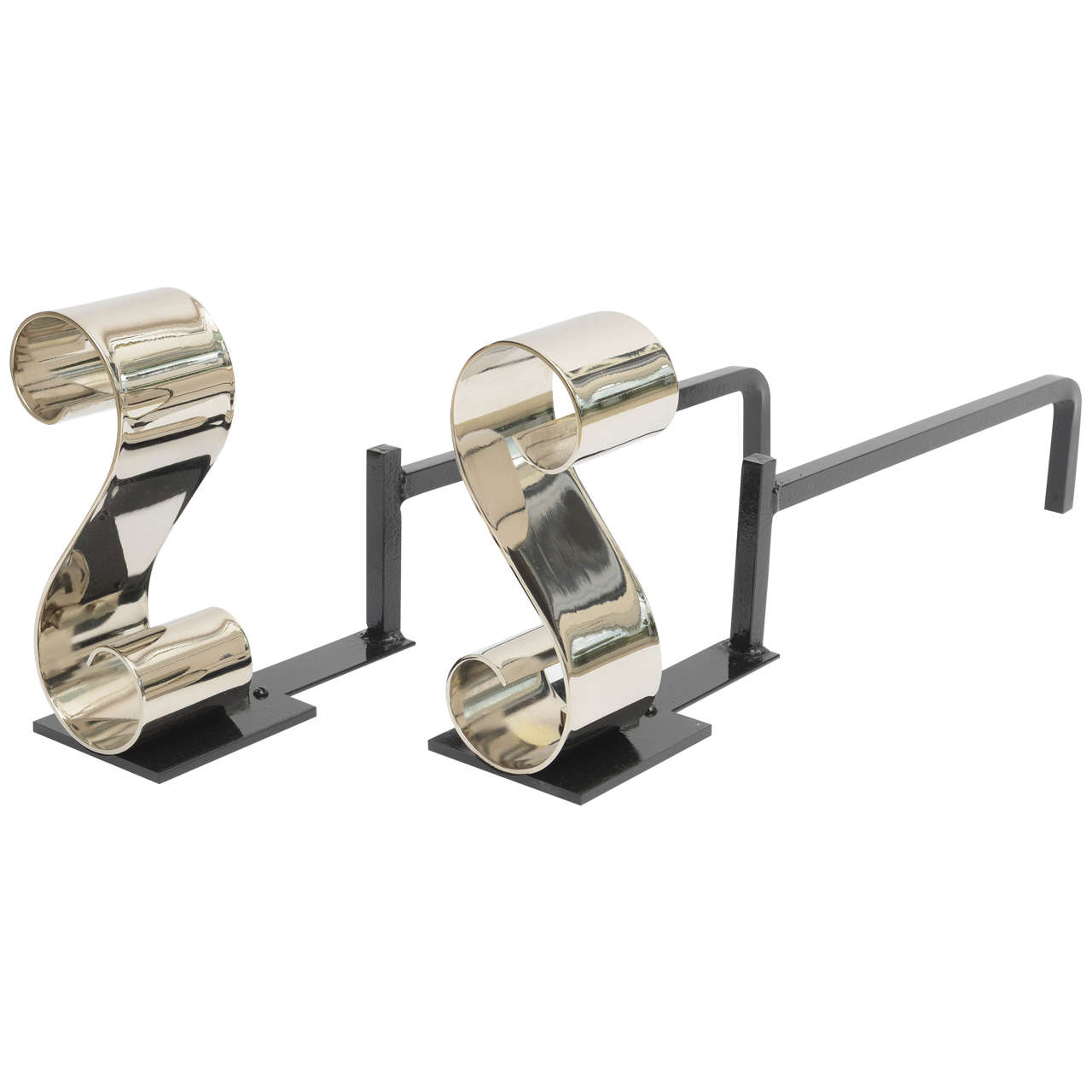 Pair of Modern Nickel Plated, "S Form", Scroll Andirons For Sale