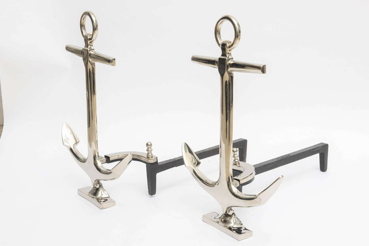 American Pair of Nickel-Plated Anchor-Form Andirons by Puritan