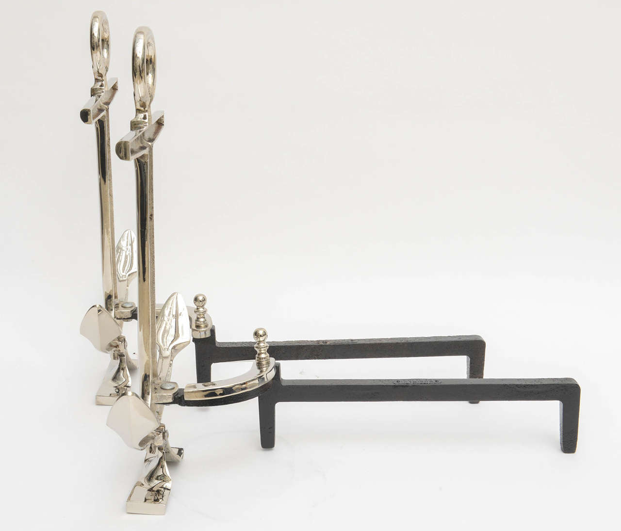 Iron Pair of Nickel-Plated Anchor-Form Andirons by Puritan