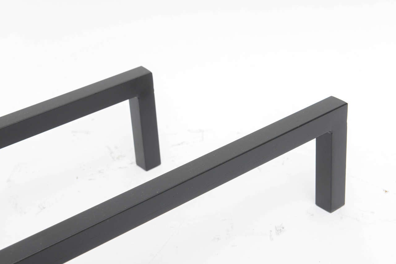 Pair of Polished Chrome and Wrought Iron FlatBar Andirons by Alexander Millen at 1stdibs