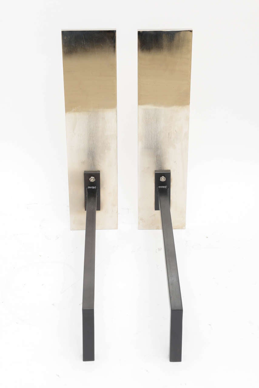 Pair of Polished Chrome and Wrought Iron FlatBar Andirons by Alexander Millen at 1stdibs