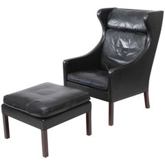 Borge Mogensen Leather Wingback Chair and Stool